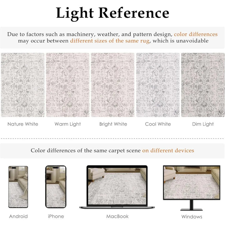 Vintage-Style 6x9 Area Rug, Machine Washable, Distressed Look, Non-Slip, Grey Floral Pattern for Living Room and Bedroom