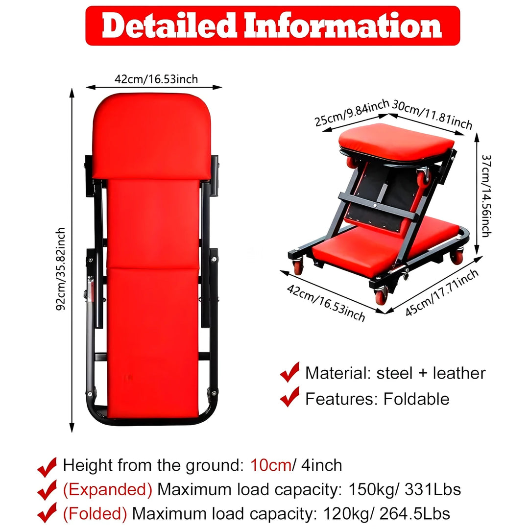 300 Lbs Capacity Z - Creeper Seat: 36" 2 - in - 1 Black Foldable Low - Profile Garage Chair with 6 Wheels - Ideal for Mechanics