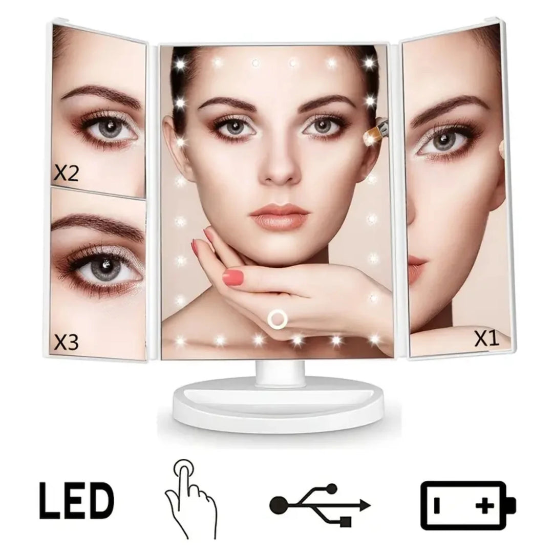 Portable Tri-fold Lighted Vanity Makeup Mirror with 3x/2x/1x Magnification, Bright LEDs Light and Easy-to-Use Touch Screen Techn