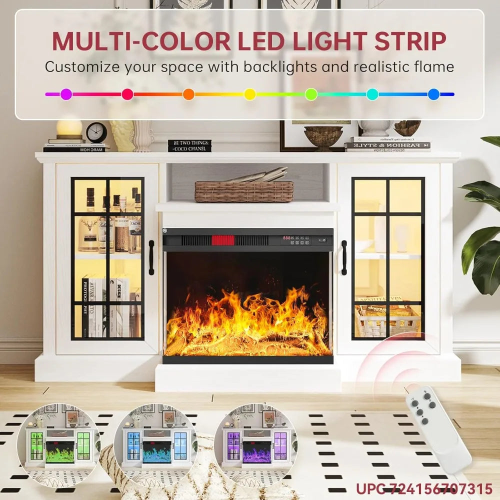 59'' Fireplace TV Stand, 3 Sided Glass Media Entertainment Center Console Table for TVs up to 65'' with Glass Door Adjustable F