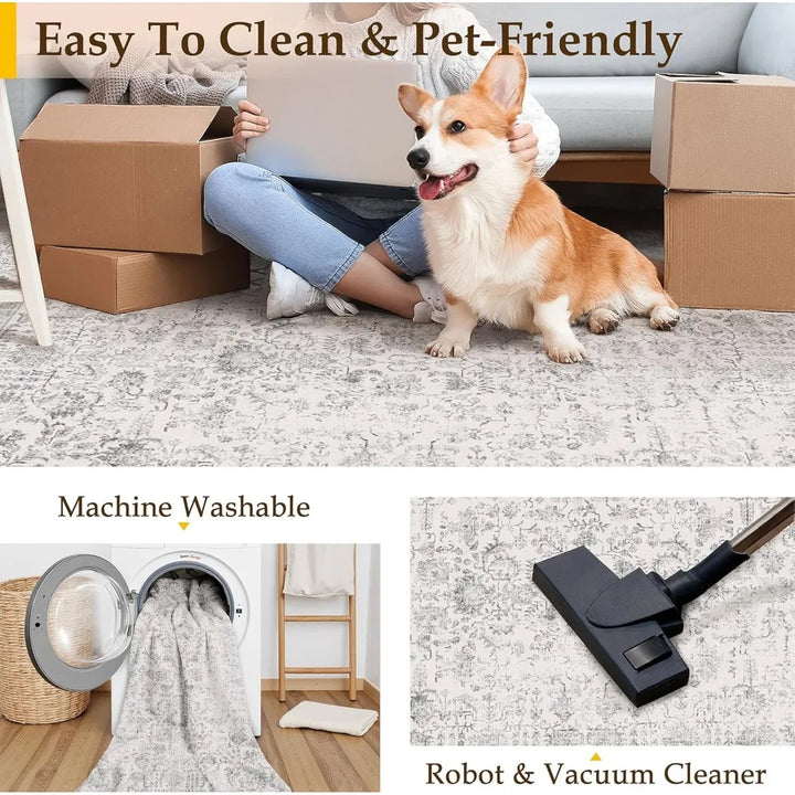 Vintage-Style 6x9 Area Rug, Machine Washable, Distressed Look, Non-Slip, Grey Floral Pattern for Living Room and Bedroom