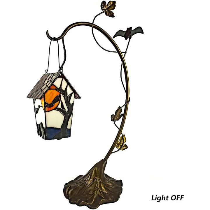 L10938 Spooky Graveyard Tiffany Style Stained Glass Birdhouse Table Lamp for Halloween Decor (21-inch High, Bat Nest)