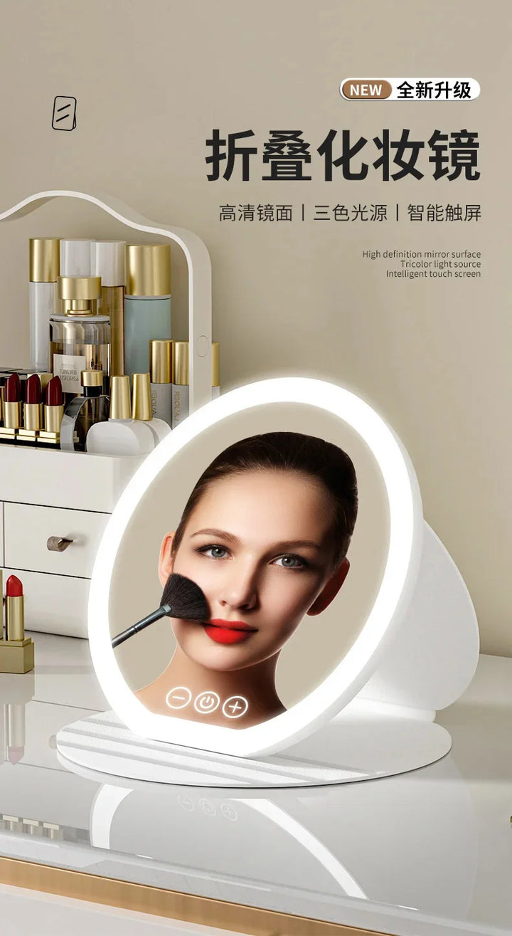 3 Colors Dimmable LED Makeup Mirror With Touch Screen Fold Cosmetic Makeup Mirror Rechargeable Tabletop For Travel & Home Use