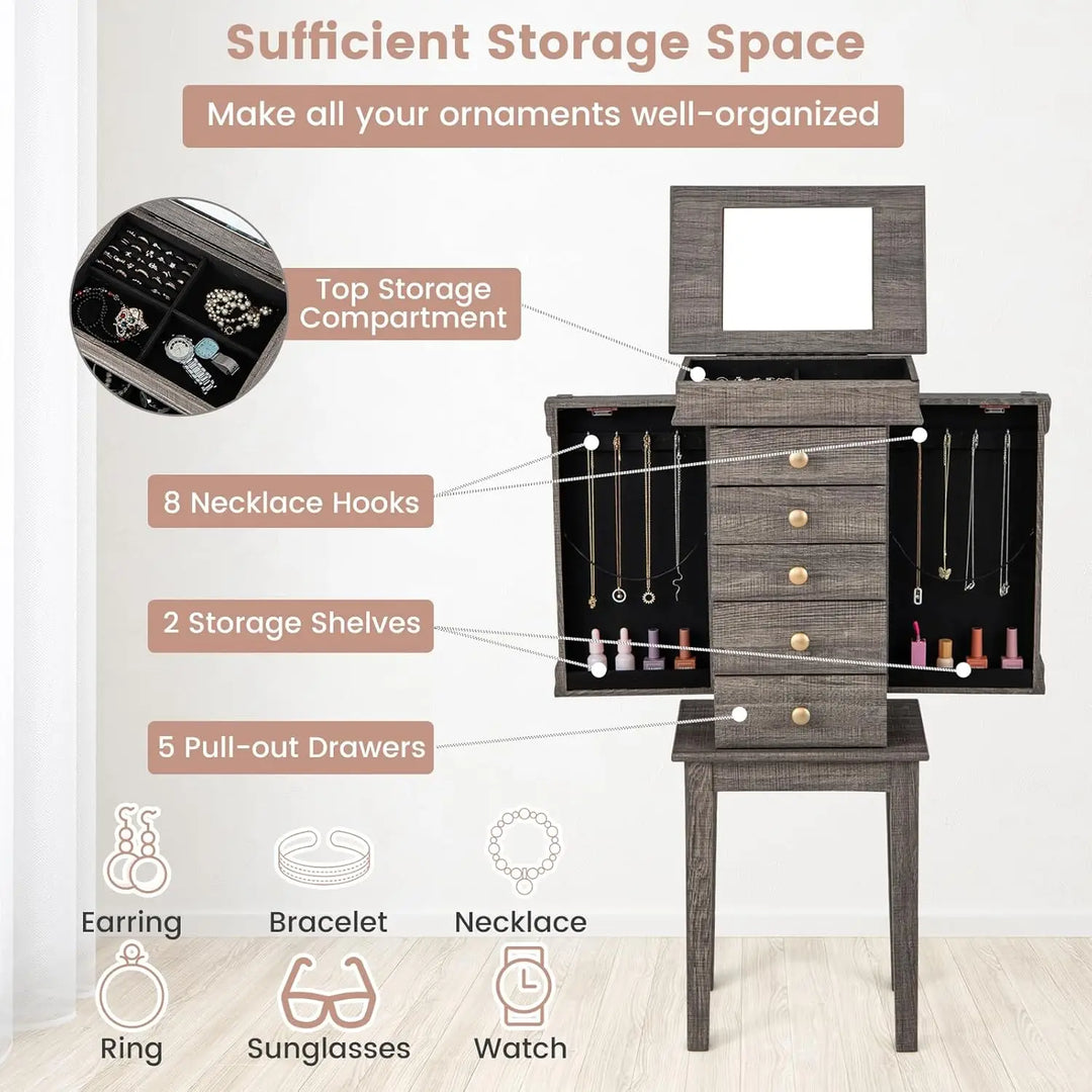 Jewelry Cabinet Armoire with 5 Drawers, 2 Side Doors with 8 Necklace Hooks, Top Flip Mirror, 4-Compartments Organizer, Standing