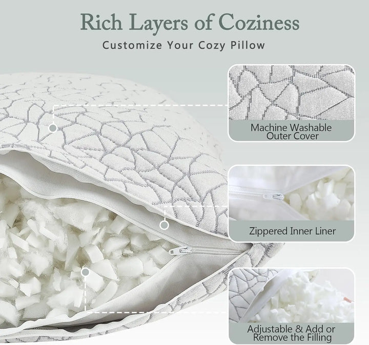 Rayon Derived from Bamboo Pillows King Size - Adjustable Shredded Memory Foam Pillow with Removable Cover Medium Firm Pillow for