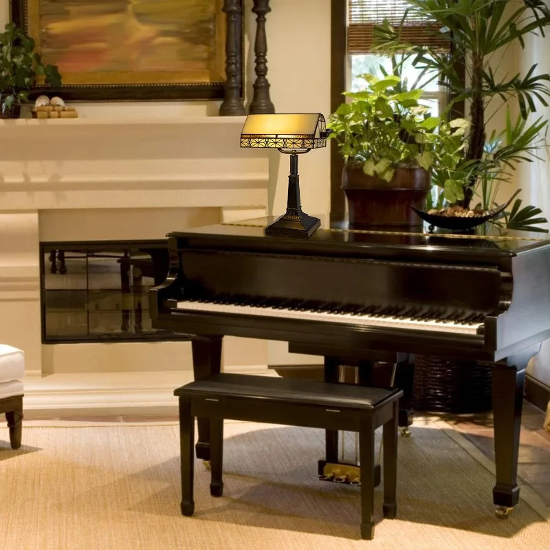 Tiffany-Style Bankers Lamp - Vintage-Looking Mission-Style Table or Desk LED Light with Stained Glass Shade (Dark Br