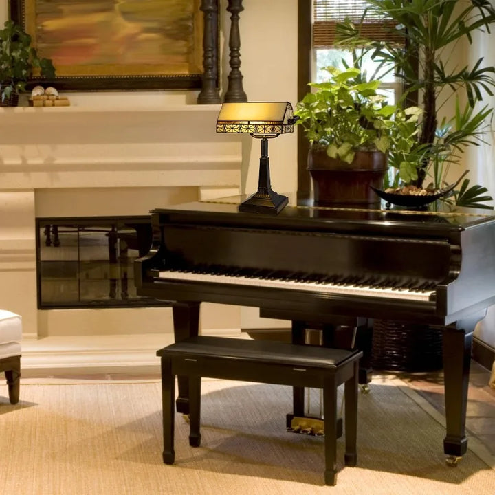 Tiffany-Style Bankers Lamp - Vintage-Looking Mission-Style Table or Desk LED Light with Stained Glass Shade (Dark Br