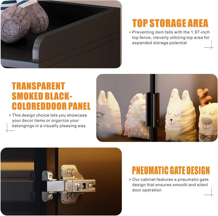 Display Cabinet with Doors and Adjustable Shelves, 65" Tall Bookcase with LED Lights/Human Sensor, Black - Smoked Black Door