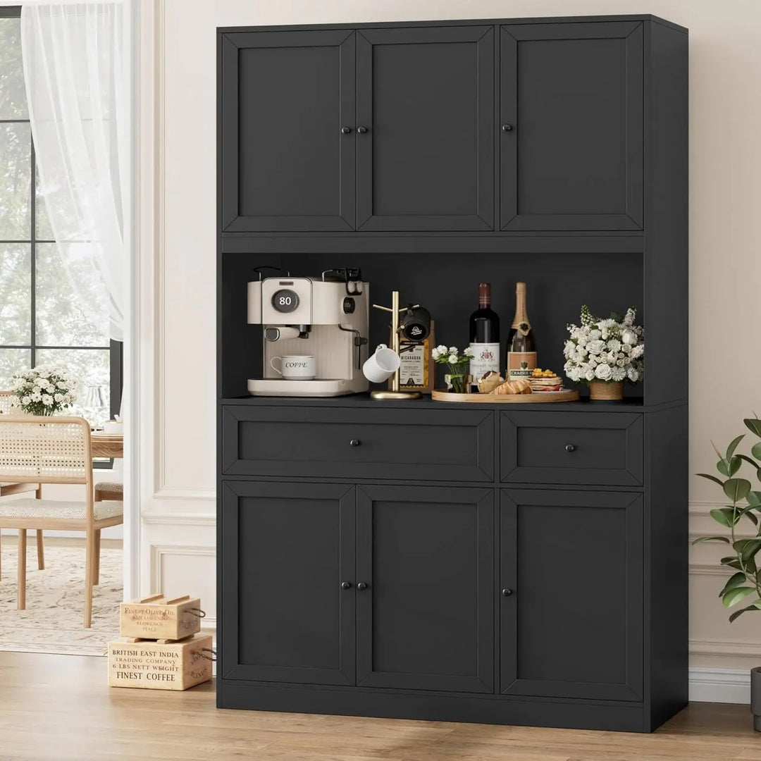 72" Kitchen Pantry Cabinet, Kitchen Hutch with Microwave Stand, Buffet Cabinet with Hutch for Dining Room, Black