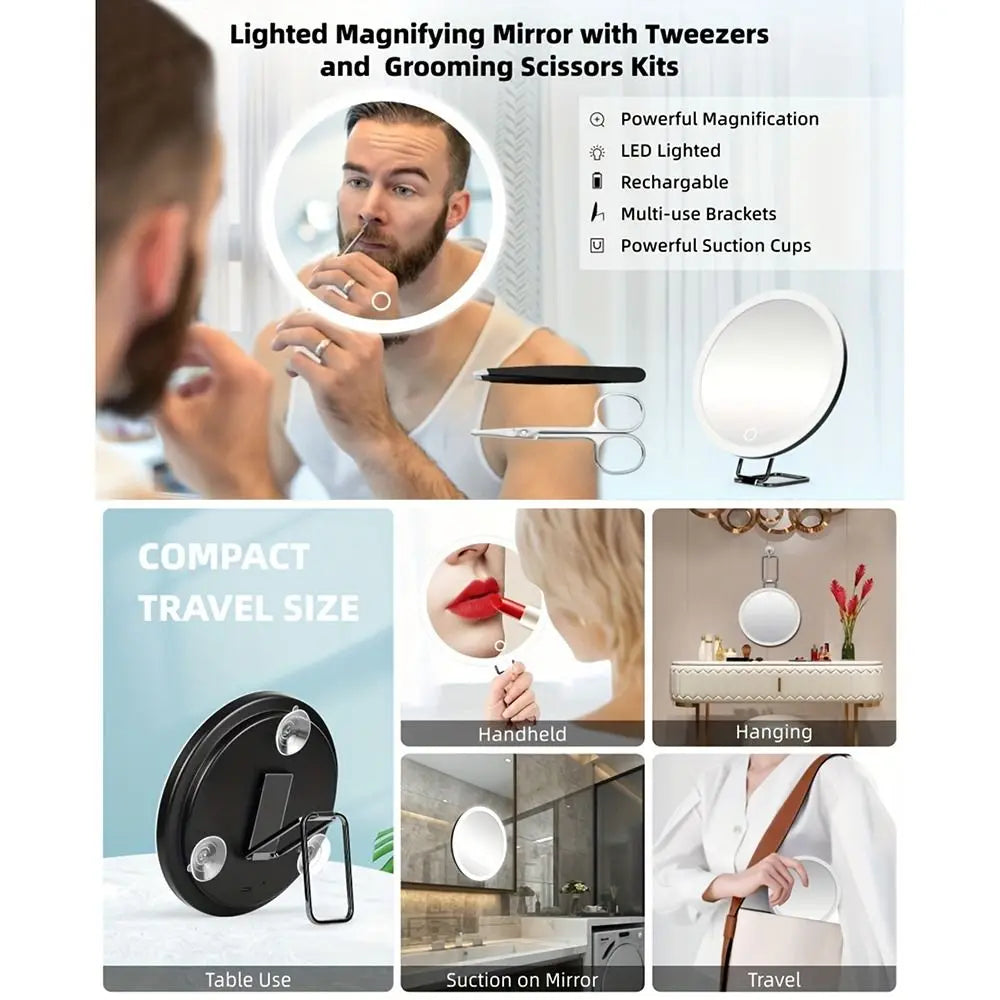 360° Adjustable Stand Magnifying Mirror with Light High-Definition Foldable LED Makeup Mirror 5/10/20/30x 3 Color Light
