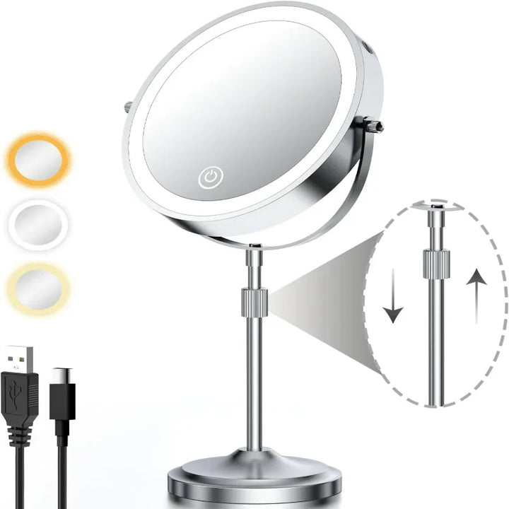 Adjustable Height Elegant Chrome Finish Lighted Vanity Mirror with 1X 10x Magnification, Dimmable Brightness, and Rechargeable 5