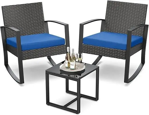 3 Pieces Patio Furniture Set Rocking Bistro Set Outdoor Rattan Conversation with Coffee Table for Garden Balcony Backyard Poolsi
