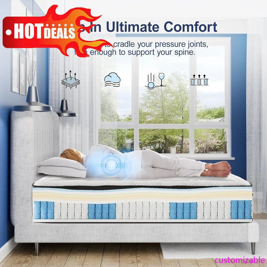 2025NEW Queen Mattress, 14 Inch Euro Top Gel Memory Foam and Pocket Coils Innerspring Hybrid Mattress Queen with 7 Premium Layer