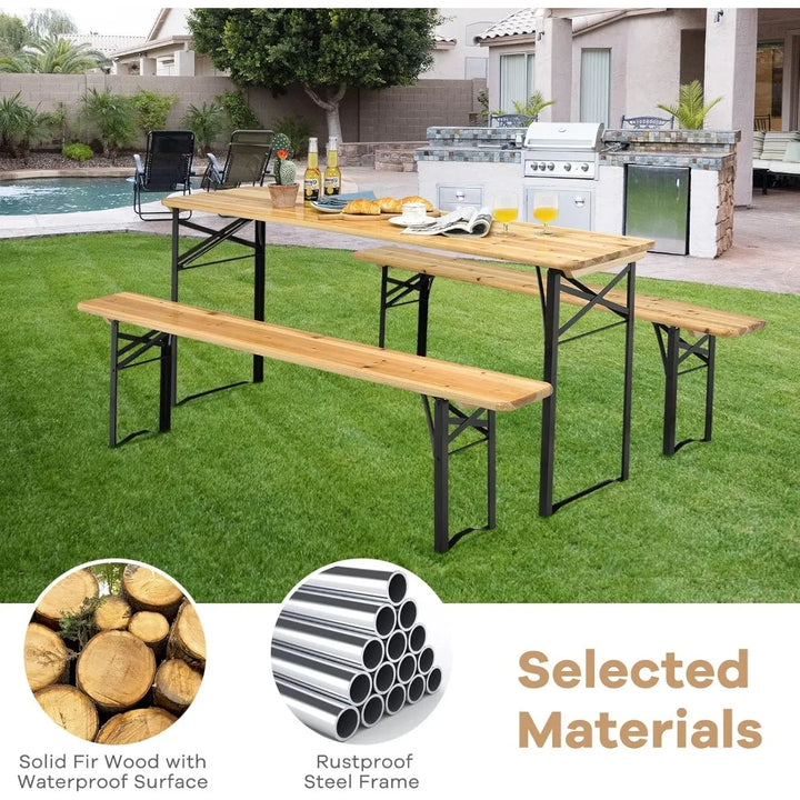 Foldable Picnic Table with Benches, 3-Piece 70” Portable Beer Garden Table with Sturdy Steel Frame, Folding Wooden Picnic