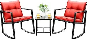 3 Piece Rocking Bistro Set Wicker Patio Outdoor Furniture Porch Chairs Conversation Sets with Glass Coffee Table (Beige)
