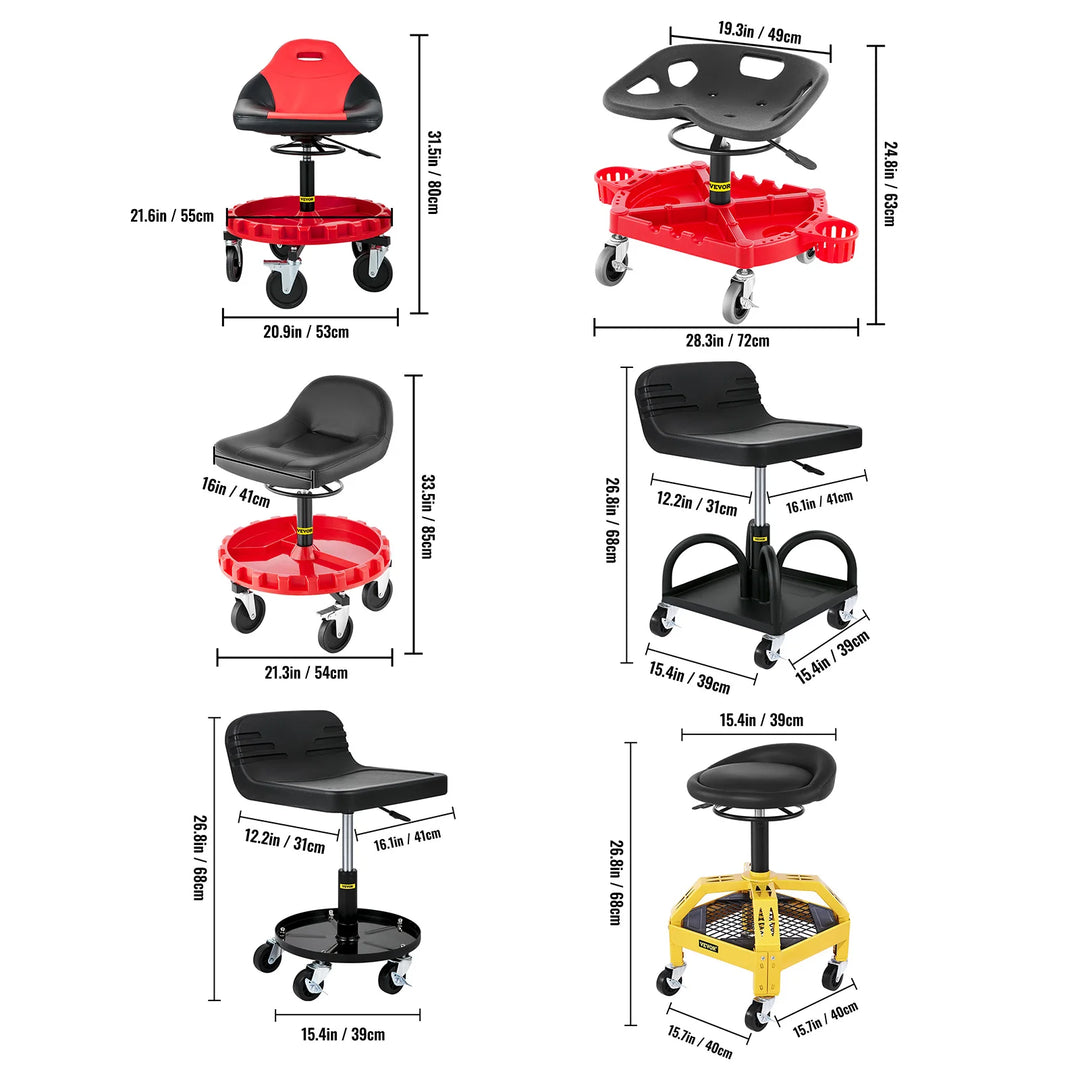SucceBuy Rolling Garage Stool Car Detailing Stool Adjustable Height Mechanic Seat With Tool Tray Workshop Auto Repair Shop Stool