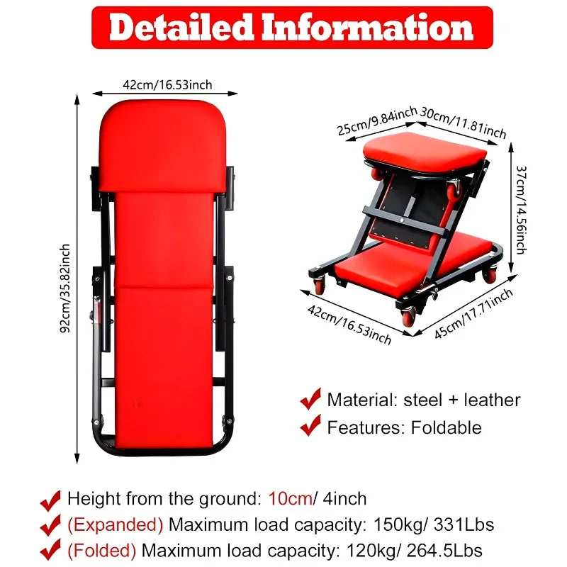 300 Lbs Capacity Z - Creeper Seat: 36" 2 - in - 1 Black Foldable Low - Profile Garage Chair with 6 Wheels - Ideal for Mechanics