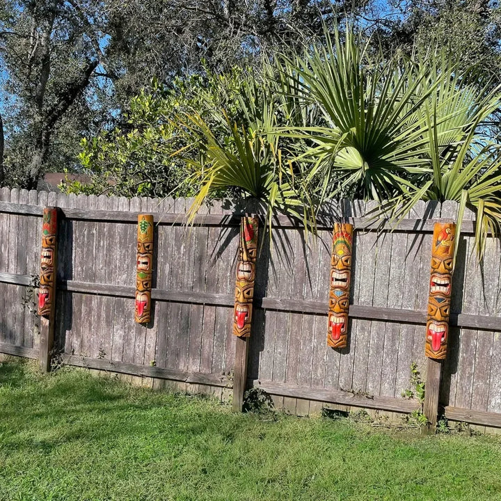 Set of 5 Exquisite Hand-Carved Double Tiki Mask Totem Wall Sculptures, 40 Inches Tall, Crafted from Sustainable Wood