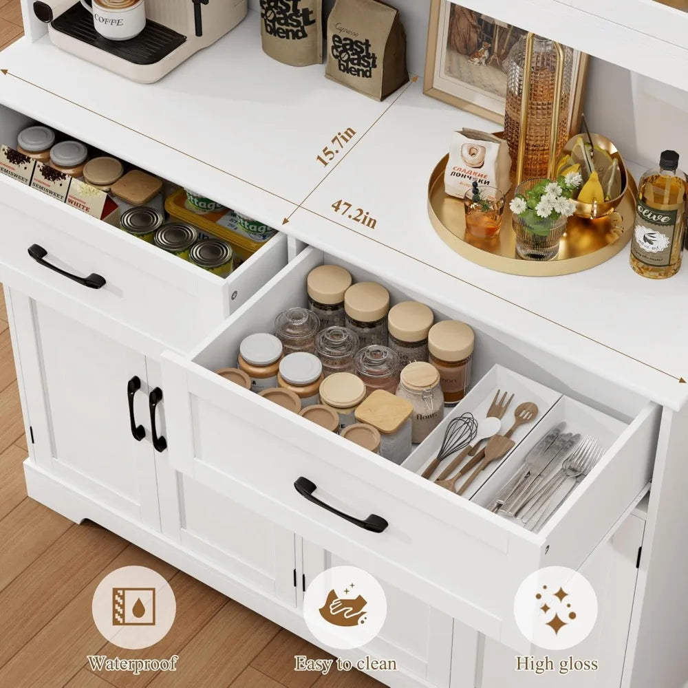 71" Kitchen Pantry Storage Cabinet, Kitchen Hutch with Microwave Stand, Large Pantry Cabinet with Drawers, Glass Doors