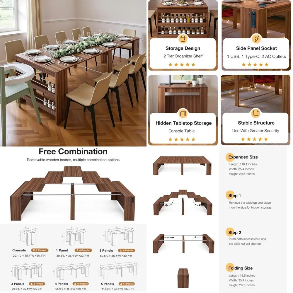 expandable dining table seats 2-12, space-saving design with storage for gatherings and events