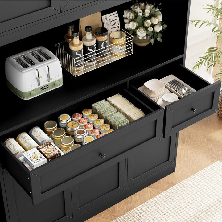 72" Kitchen Pantry Cabinet, Kitchen Hutch with Microwave Stand, Buffet Cabinet with Hutch for Dining Room, Black