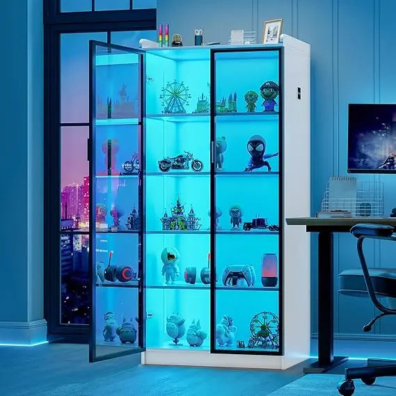 66" Display Cabinet with LED Lights, 5 Tier Curio Cabinet Bookcase with Adjustable Shelves, Tall Storage Cabinet with Human Bod