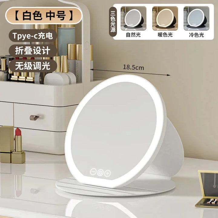 3 Colors Dimmable LED Makeup Mirror With Touch Screen Fold Cosmetic Makeup Mirror Rechargeable Tabletop For Travel & Home Use