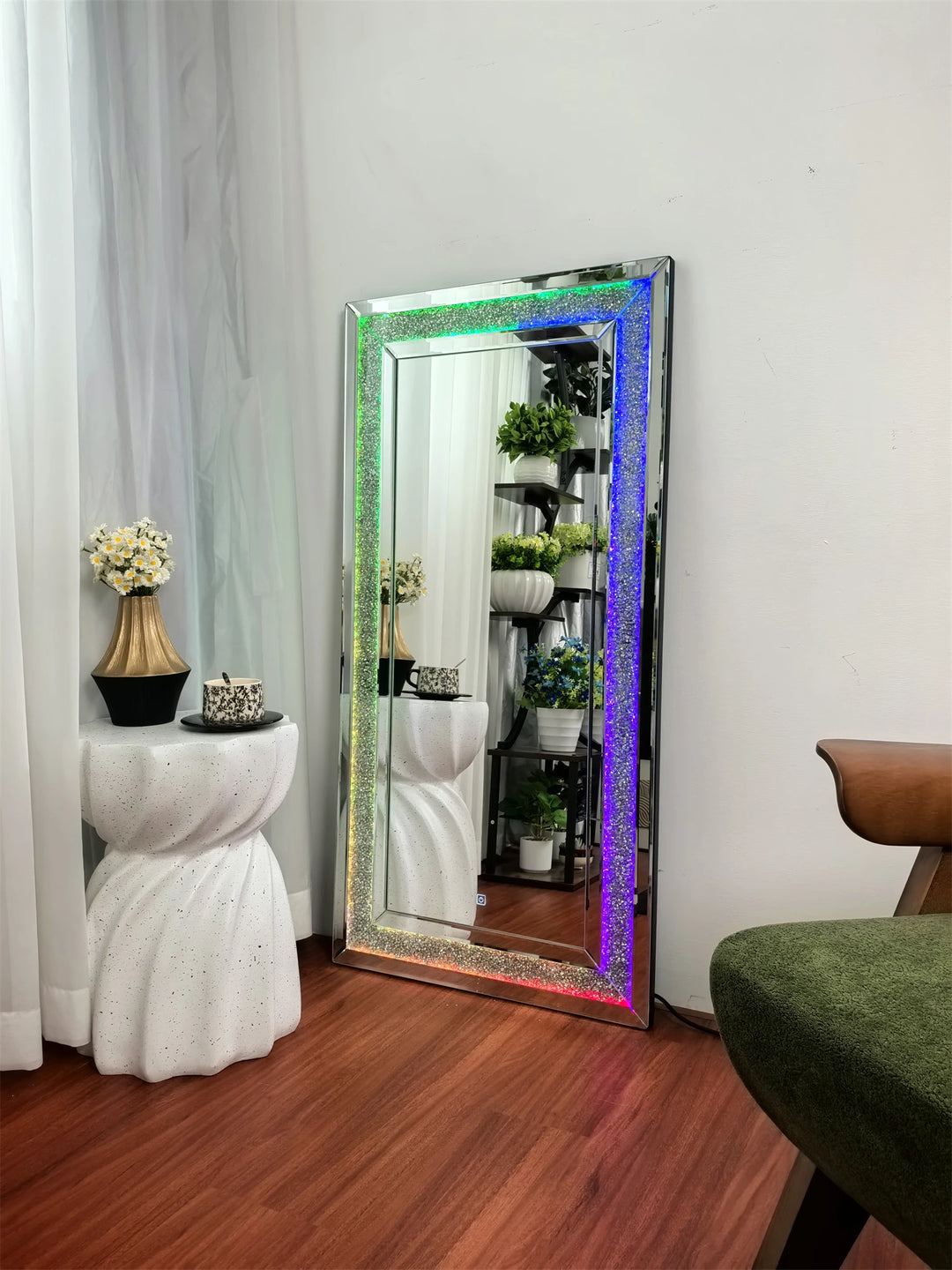 120x60cm LED Full Length Mirror with 7 Colors RGB Lights and Crushed Diamond Full Body Wall Mirror for Living Room, Bedroom