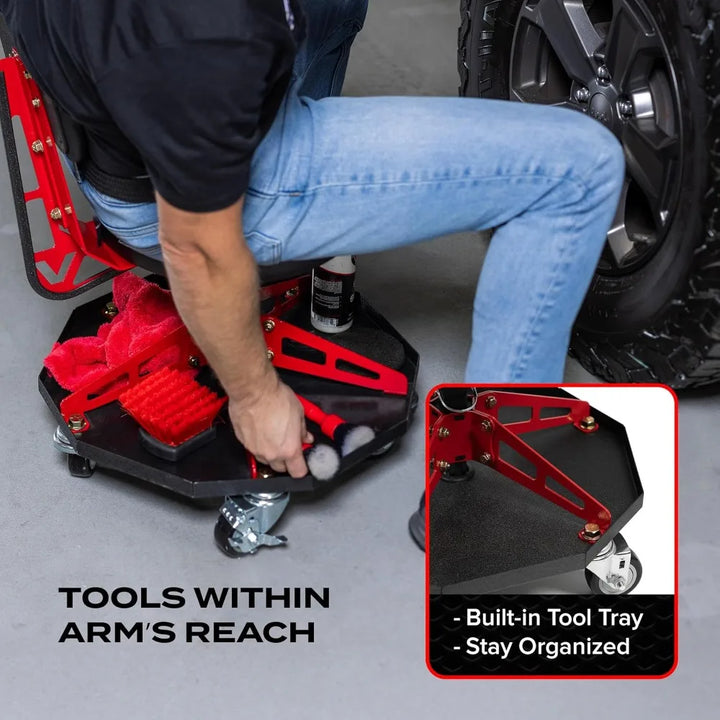 Steel Sport Shop Chair for Mechanics, Automotive, DIY - 300 lb Capacity Garage Stool with Backrest & Large Wheels