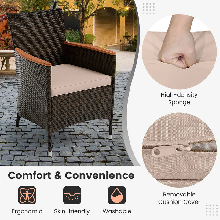 9PCS Patio Wicker Dining Set Acacia Wood Table Top Umbrella Hole Cushions Chairs