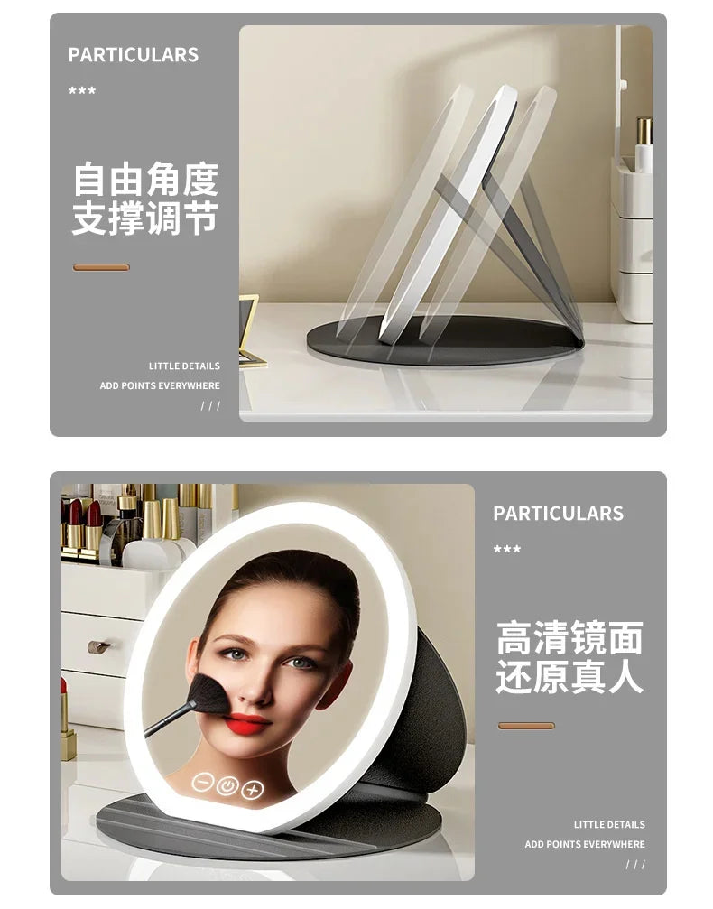 3 Colors Dimmable LED Makeup Mirror With Touch Screen Fold Cosmetic Makeup Mirror Rechargeable Tabletop For Travel & Home Use