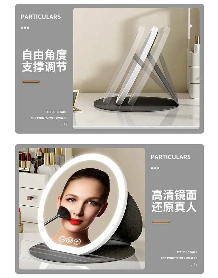3 Colors Dimmable LED Makeup Mirror With Touch Screen Fold Cosmetic Makeup Mirror Rechargeable Tabletop For Travel & Home Use