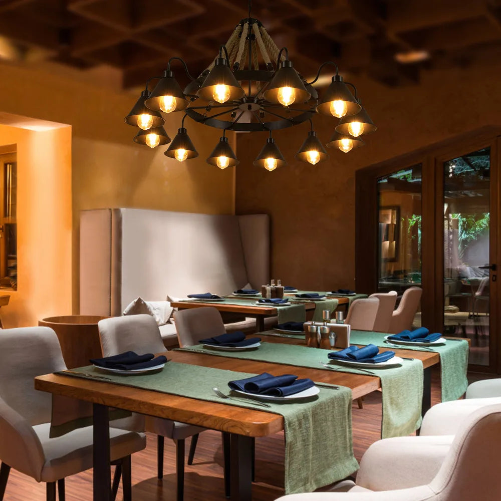 Bymaocar 12 Lights Hemp Rope Vintage Industrial Chandelier Ceiling Light Rustic Wheel Large Pendant Light Fixture Fit  Cafe Bar