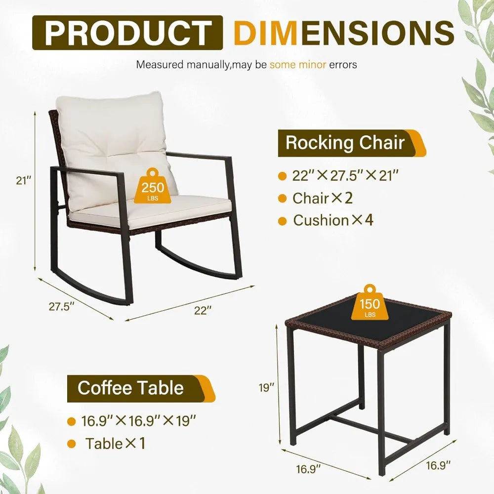 SUNCROWN 3-Piece Patio Bistro Set Outdoor Rocking Chairs Set Brown Wicker Porch Chairs with Glass Coffee Table, Beige Cushion
