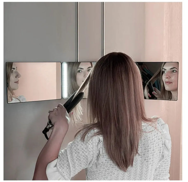 Rectangle trifold vanity mirror led lighted adjustable hair cutting  3 way salon hairstyling mirror for self hair cutting 360