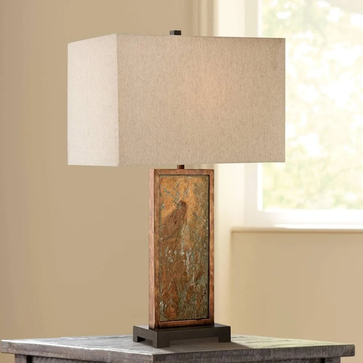 Nightstand, Modern Rustic Style Table Lamps 30" Tall Set of 2 Natural Slate Stone Dark Bronze Rectangular Box Shade Decor