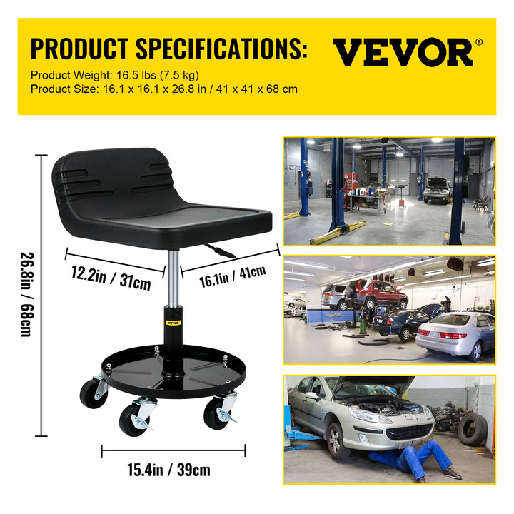 SucceBuy Rolling Garage Stool Car Detailing Stool Adjustable Height Mechanic Seat With Tool Tray Workshop Auto Repair Shop Stool
