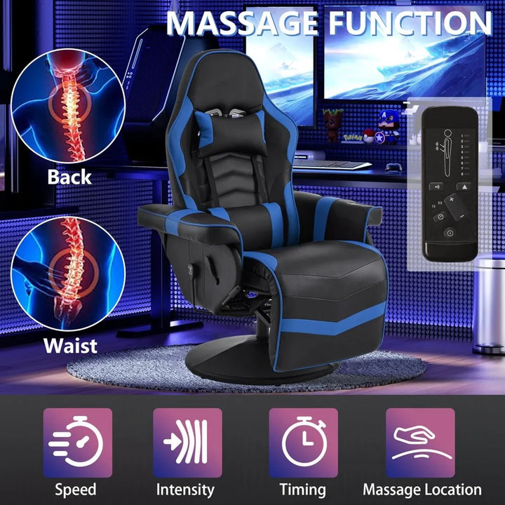 Gaming Chair with Massage for Adults, Comfy Reclining Gaming Chair with Footrest, Adjustable Backrest and Cup Holder, Black Blue