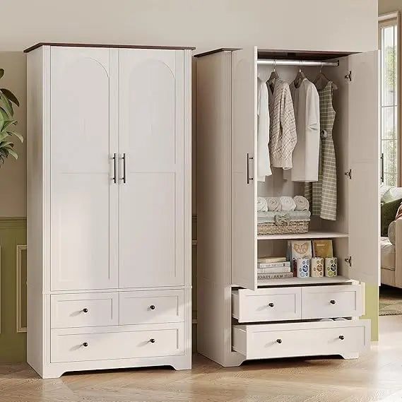 Wooden Wardrobe Closet,Versatile Storage Armoire Wardrobe Closet with Aluminum Alloy Hanging Rod, 2 Doors，3-Drawer and H