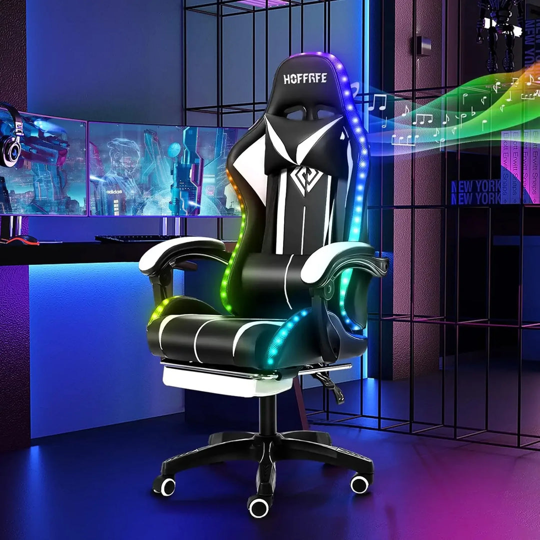 RGB Gaming Chair with Speakers Massage Computer Gaming Chair with LED Lights and Footrest High Back Video Game Chair