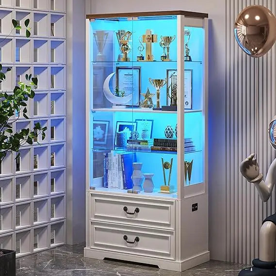 Display Cabinet with Glass Doors,67" Adjustable Display Shelf with 2 Drawers and 4 Tier Curio Cabinet,Tall Bookcase with 3 Color