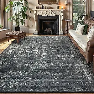 Area Rugs 9x12 Living Room Soft Large Rugs for Bedroom, Boho Black Dining Room Rug, Distressed Non Slip Low Pile Carpet for Ind