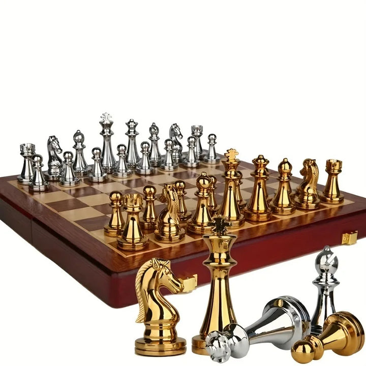 39cm Luxury Solid Wood Chess Set  Weighted Zinc Alloy Pieces, Folds for Easy Storage, Perfect Holiday Gift for Halloween Thanks