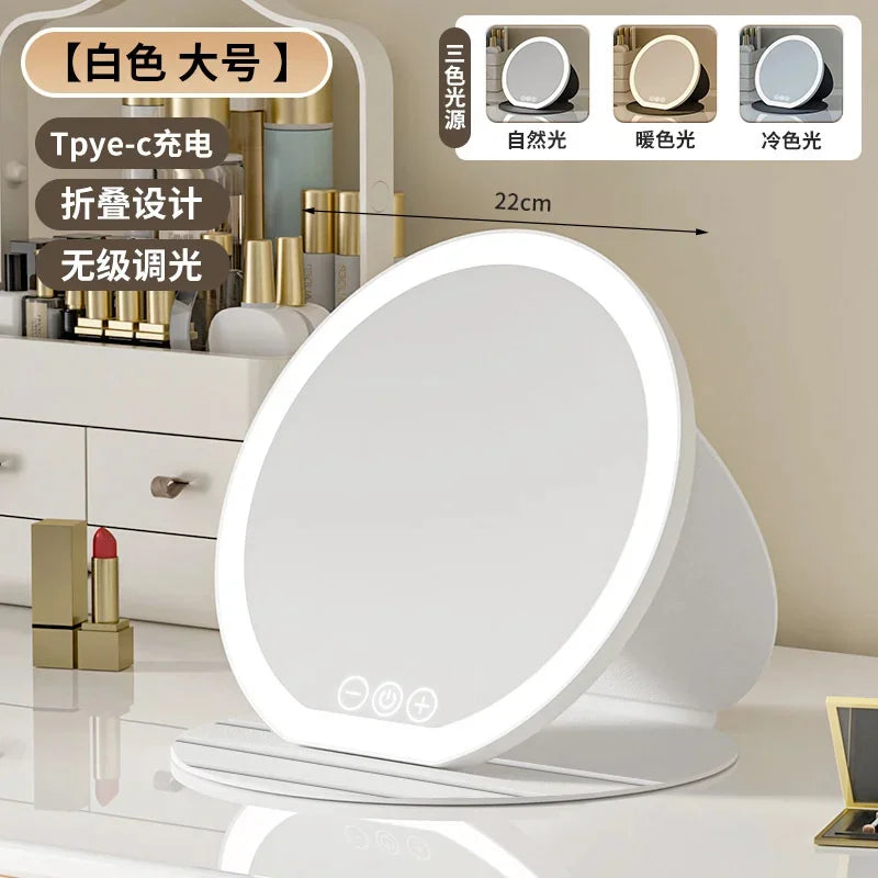 3 Colors Dimmable LED Makeup Mirror With Touch Screen Fold Cosmetic Makeup Mirror Rechargeable Tabletop For Travel & Home Use