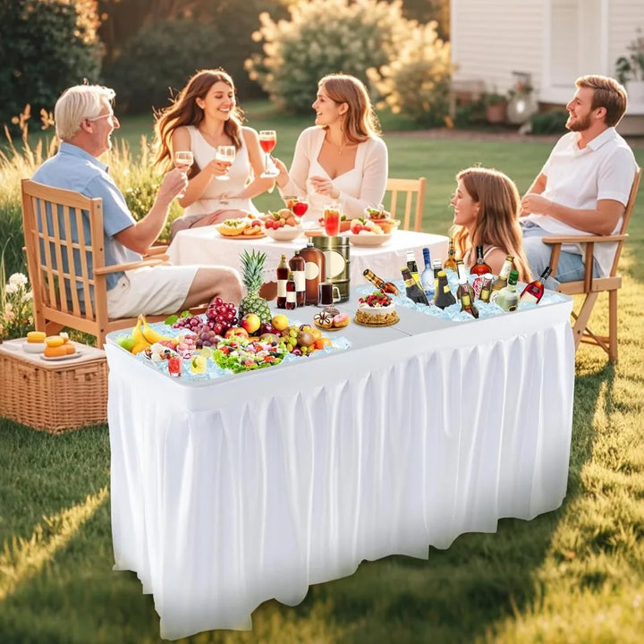 5 FT Folding Ice Cooler Table with Double Sinks and Drains, Portable Ice Table with Matching Skirt, Beverage Cooler Table, Chil
