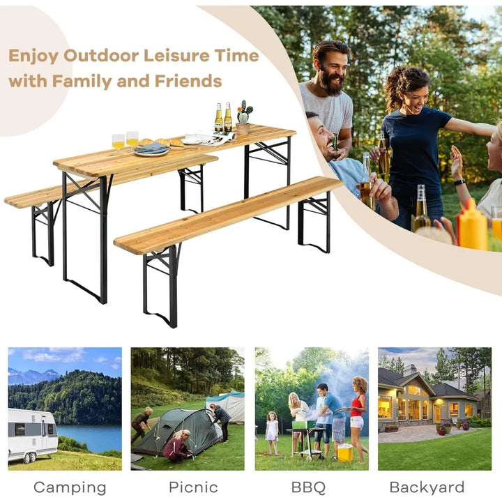 Foldable Picnic Table with Benches, 3-Piece 70” Portable Beer Garden Table with Sturdy Steel Frame, Folding Wooden Picnic