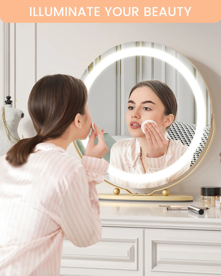 19 Inch Large Round Vanity Mirror with Lights LED Makeup Mirror Touch Control 3 Colors Lighting Dimmable for Bedroom Tabletop