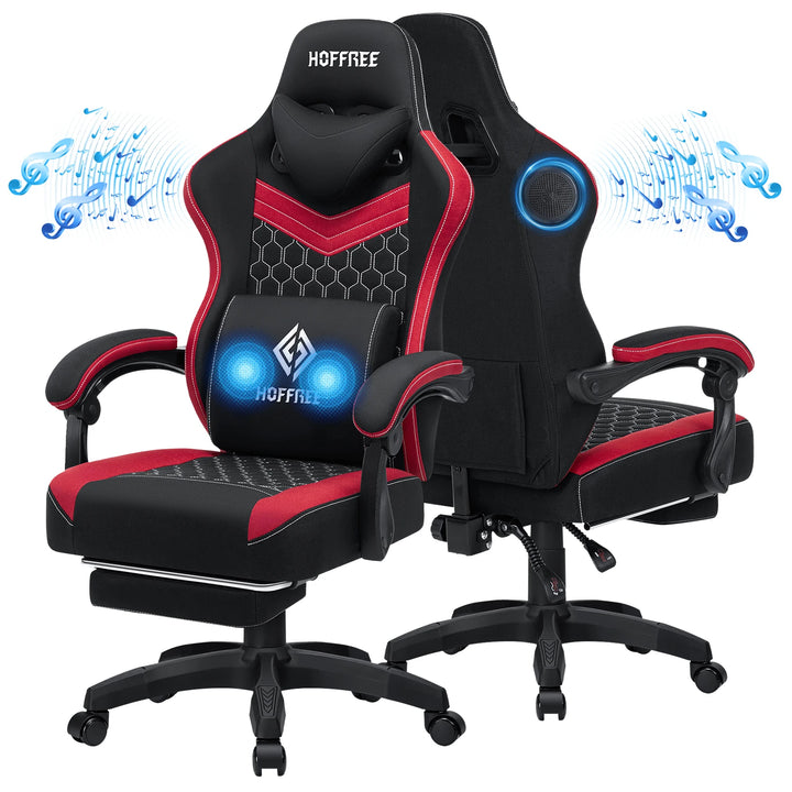 Breathable Gaming Chair With Lumbar Cushion Bluetooth Speaker Dual Function Point Massage Height Adjustable Office Computer Chai