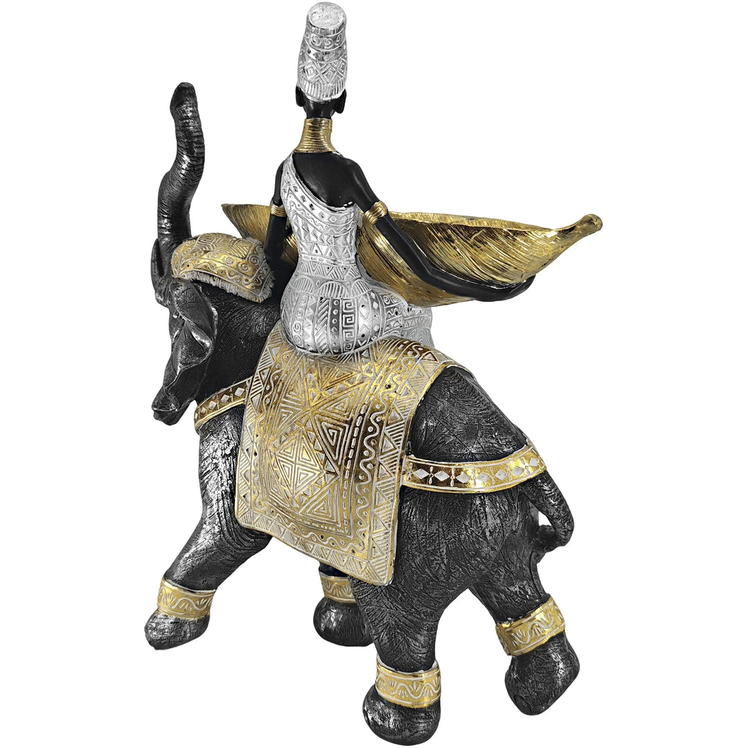 Elephant Statues Tray-14.5" Animal African Lady Tribal Sculpture Set,Silver Figure Figurines with Tribal Totem Design Home Decor