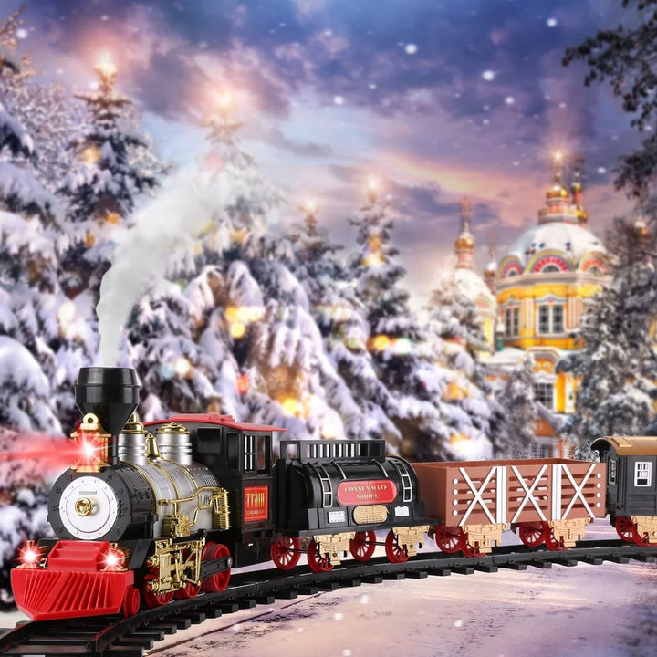 Classic Christmas Holiday Train Set with Real Smoke Lights Sounds Locomotive Engine Cargo Cars Tracks Kids Family Fun